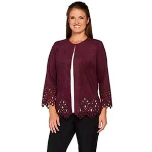 Bob Mackie Burgundy Faux Suede Open Front Cardigan/ Jacket Laser Cut Detail XS/S